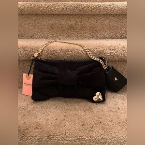 Juicy Couture Black Suede Bow Shoulder Bag with Gold Chain Accent